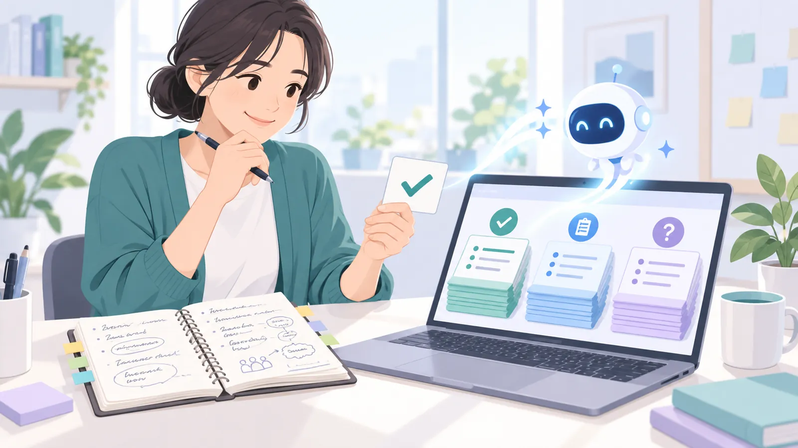 会議メモと分類したカードを見比べ、AIの整理結果を確認する担当者のイラスト