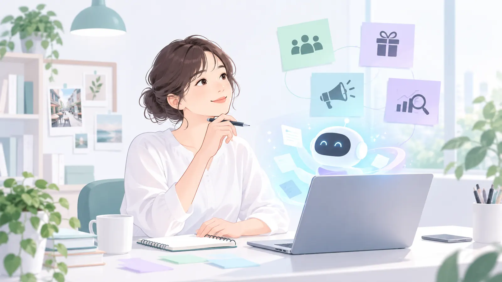 AIを使い販促企画の案を考える事業者のイラスト