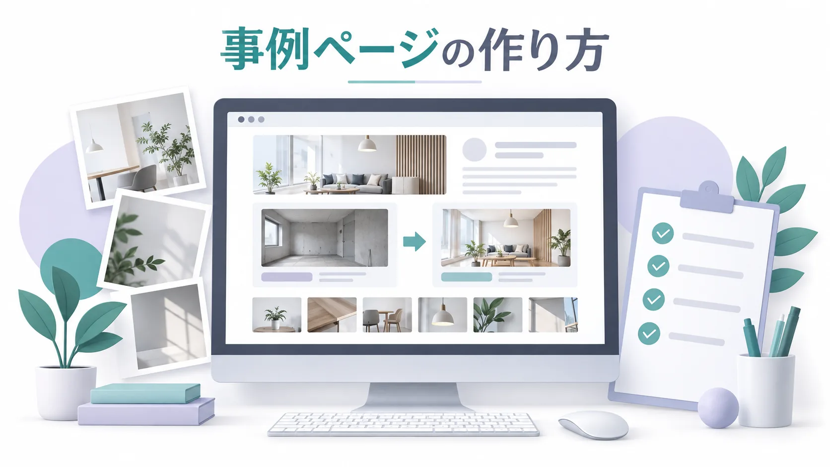 制作事例の画面と、課題・取り組み・結果を整理するカードのイメージ