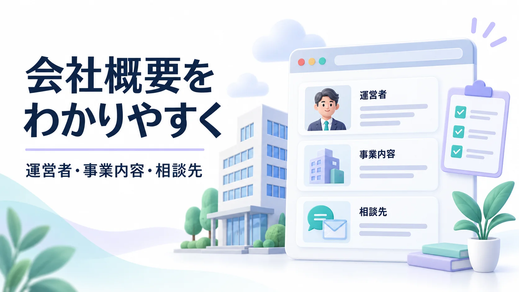会社の建物と、運営者・事業内容・相談先を整理した情報カードのイメージ