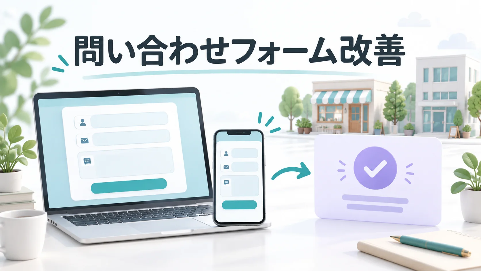 パソコンとスマートフォンの問い合わせフォームから、受付完了を示すチェック付きカードへつながるイメージ