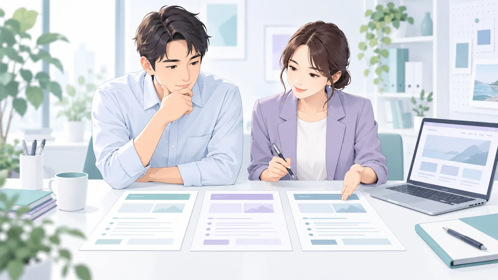 ホームページ制作の見積書を複数並べて比較する事業者と制作担当者のイラスト