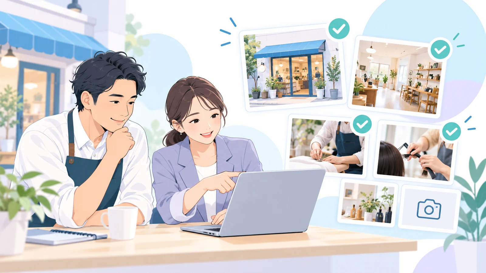店舗写真の候補を選び確認する事業者のイラスト