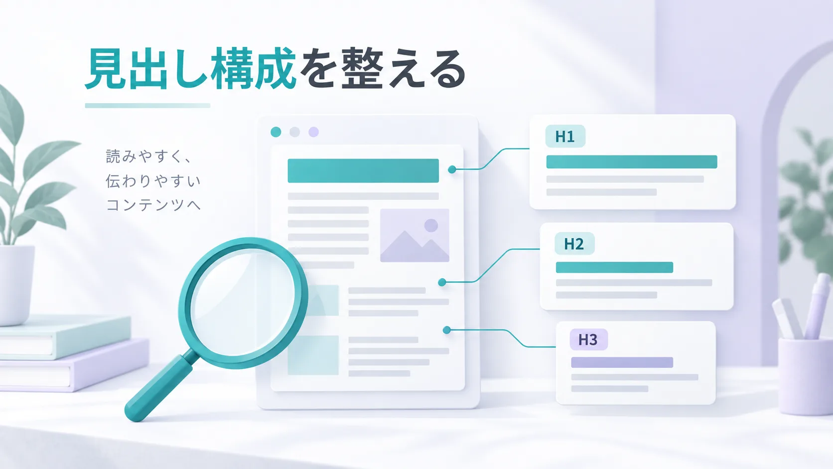H1・H2・H3の見出し階層と、本文を点検する虫眼鏡のイメージ