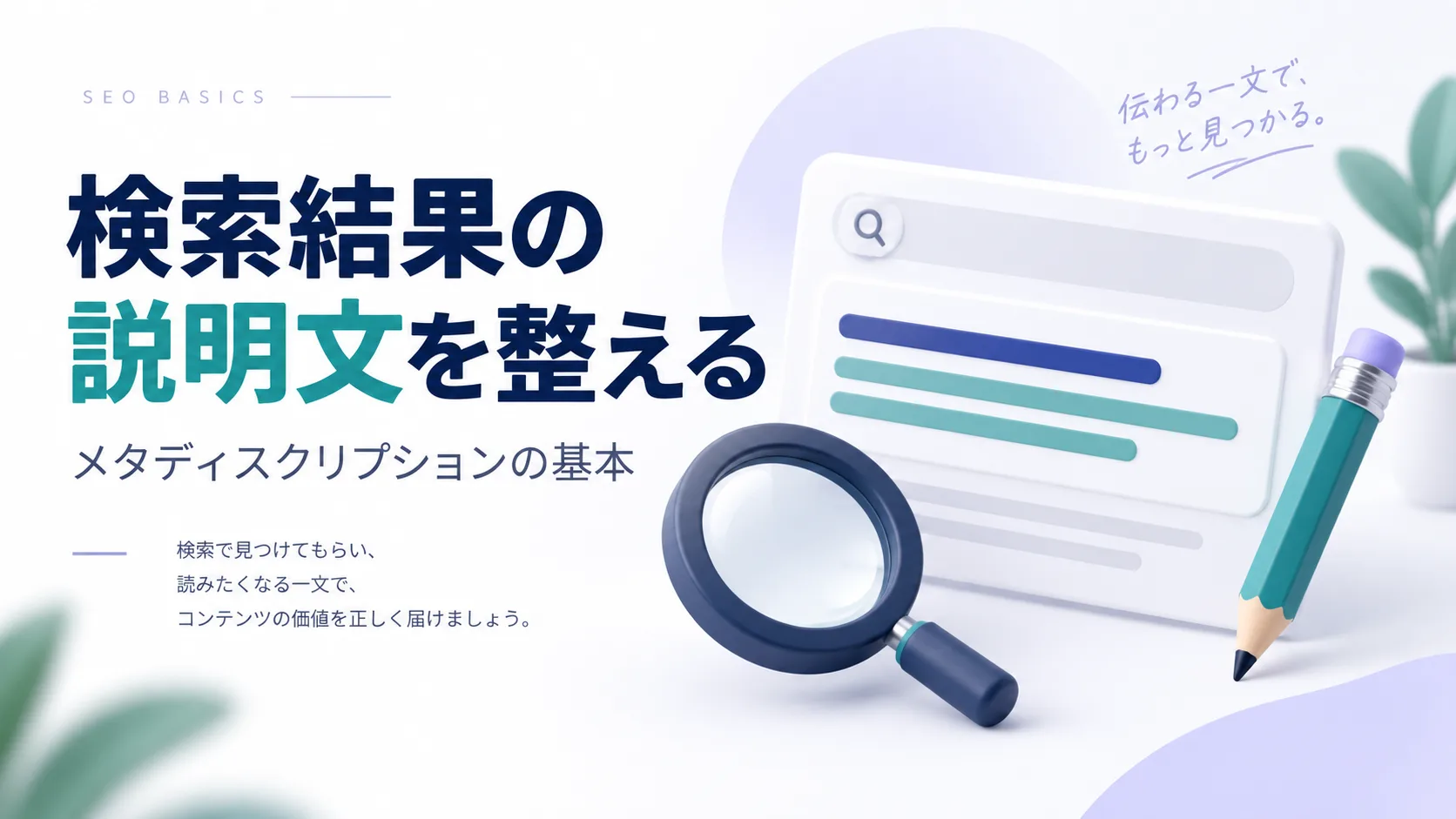 検索結果の説明文カードを虫眼鏡と鉛筆で見直すイメージ
