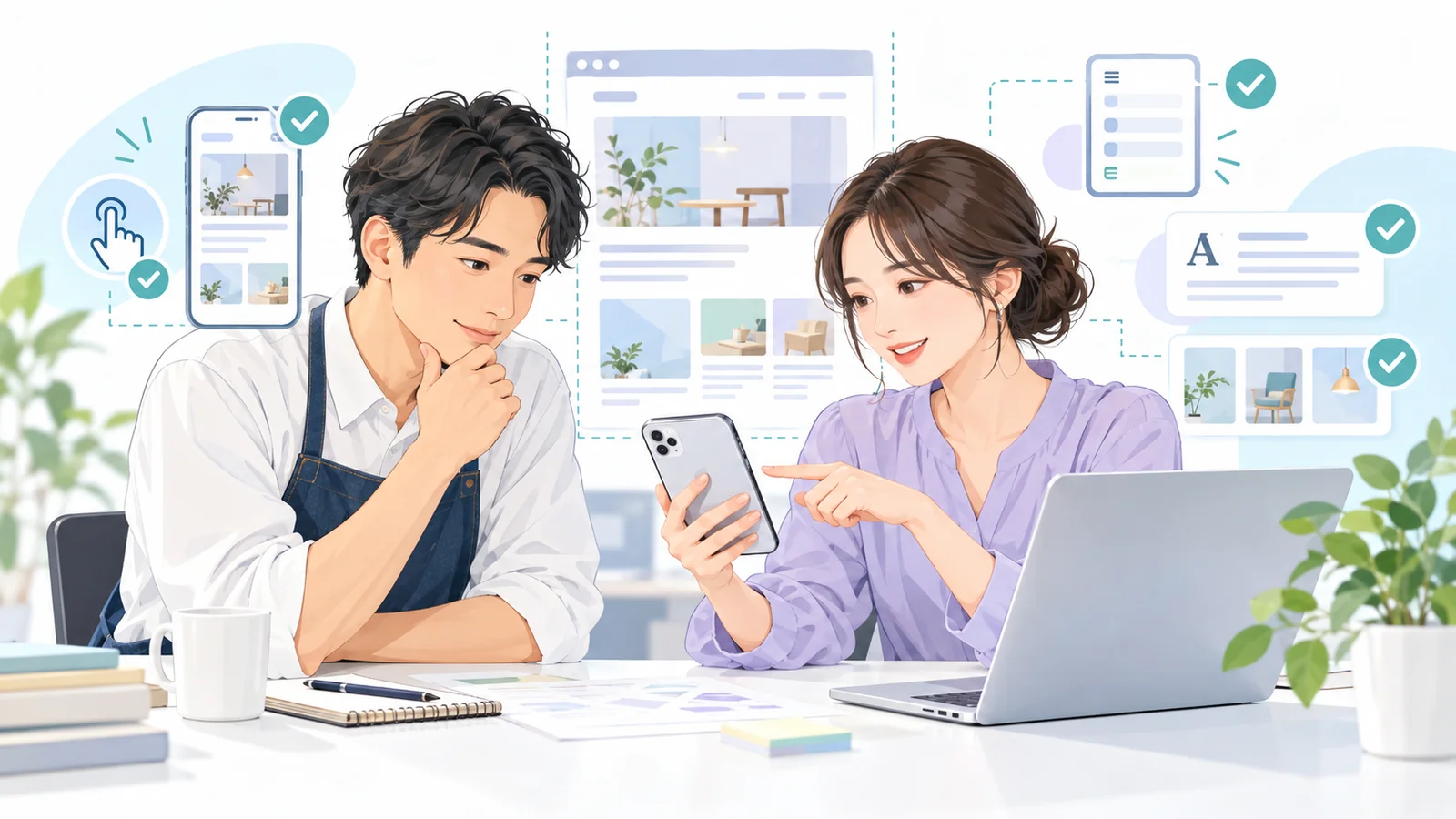 スマートフォンでホームページの表示と操作を確認する事業者と制作者