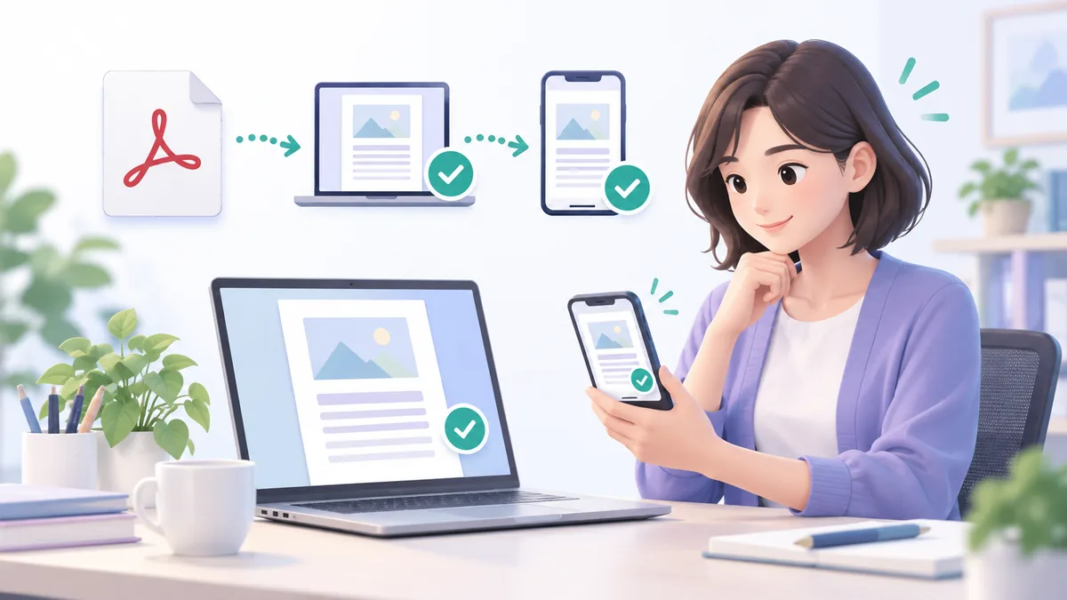 担当者がPDF資料をパソコンとスマートフォンで開いて表示を確認するイラスト