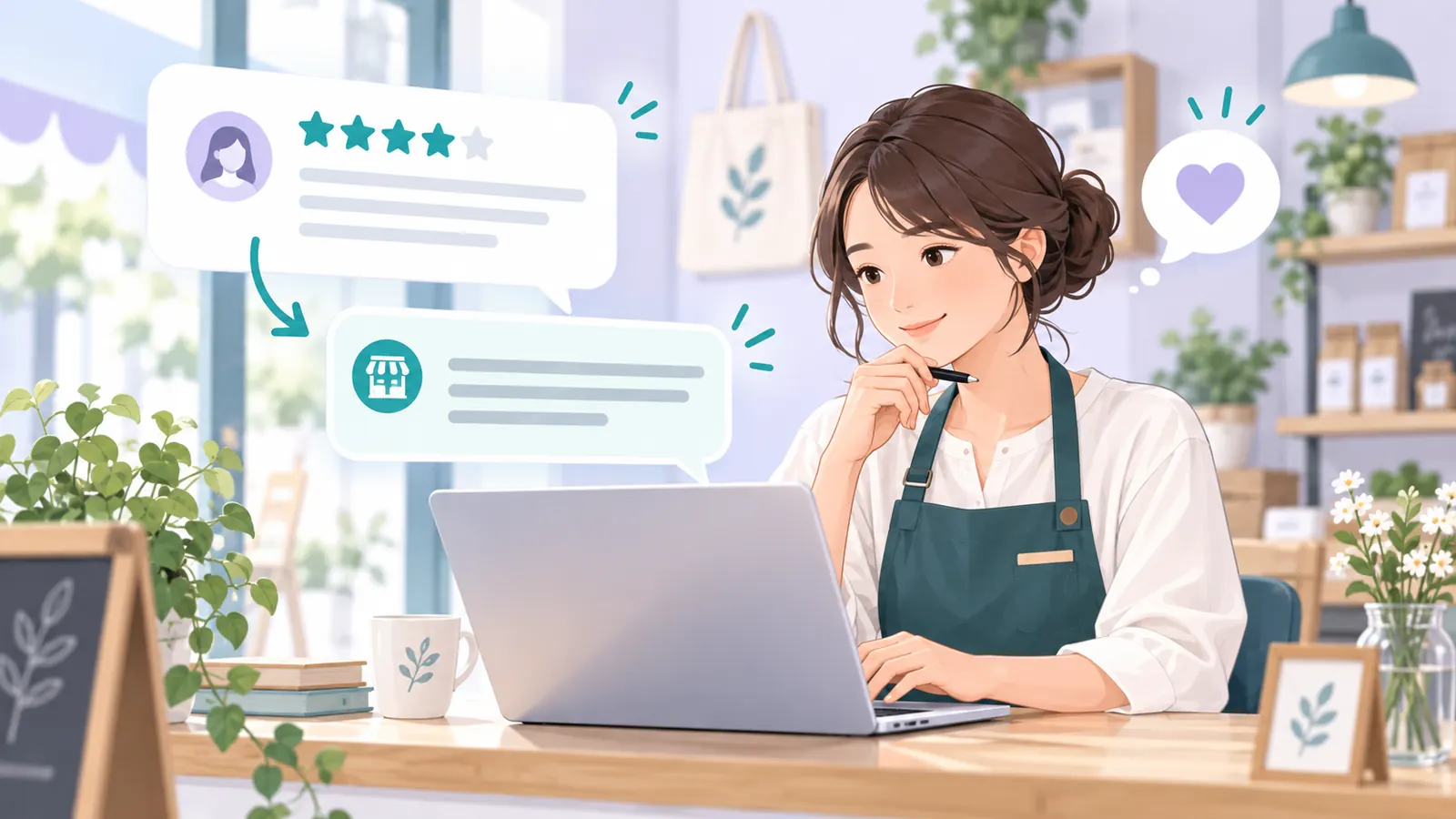 店舗のクチコミを読み返信内容を考える店主のイラスト
