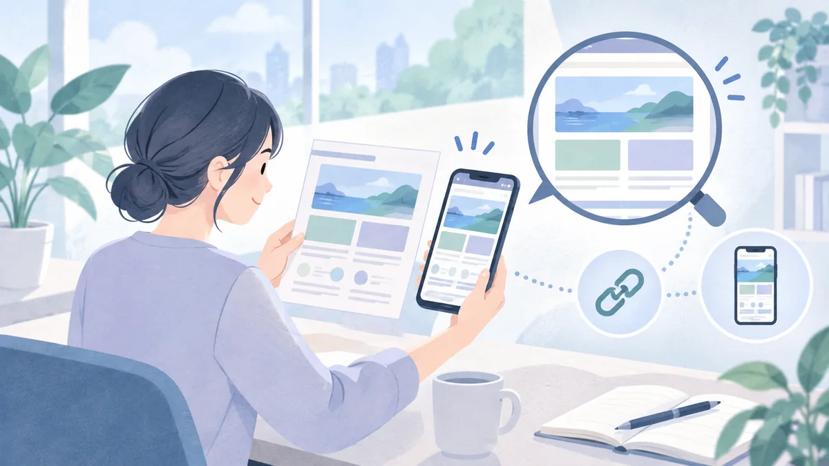 公開後のページと確認済み資料をスマートフォンで照合し、リンクと表示を確かめる担当者のイラスト
