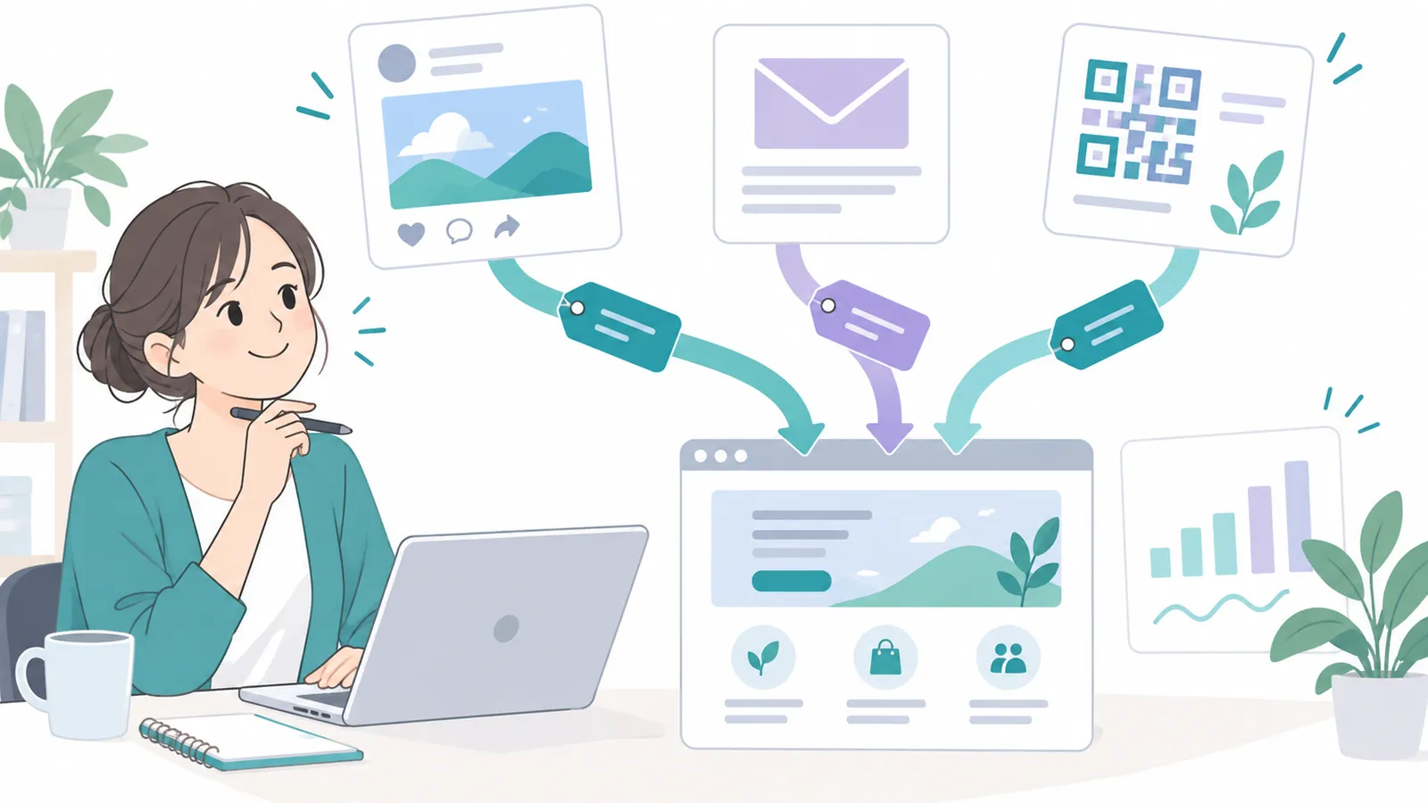SNSとメールの案内リンクを命名表で整理する担当者のイラスト