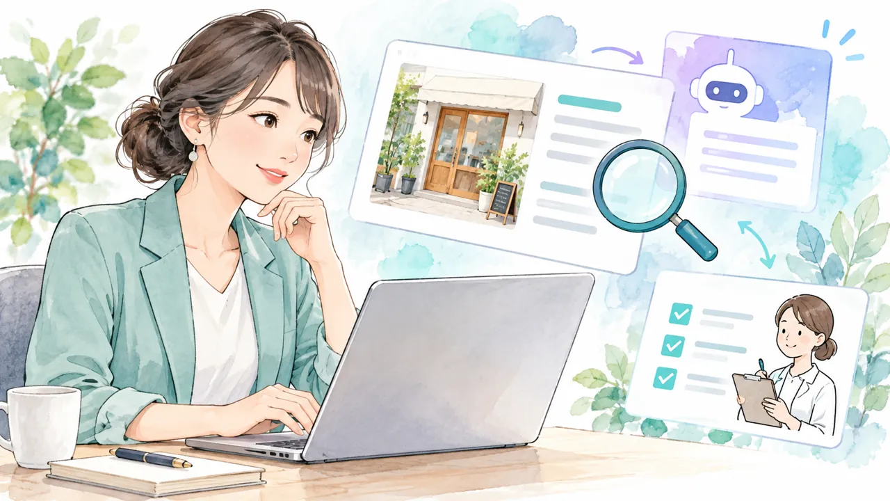 店舗入口の画像とAIの文章候補を人が確認するイラスト