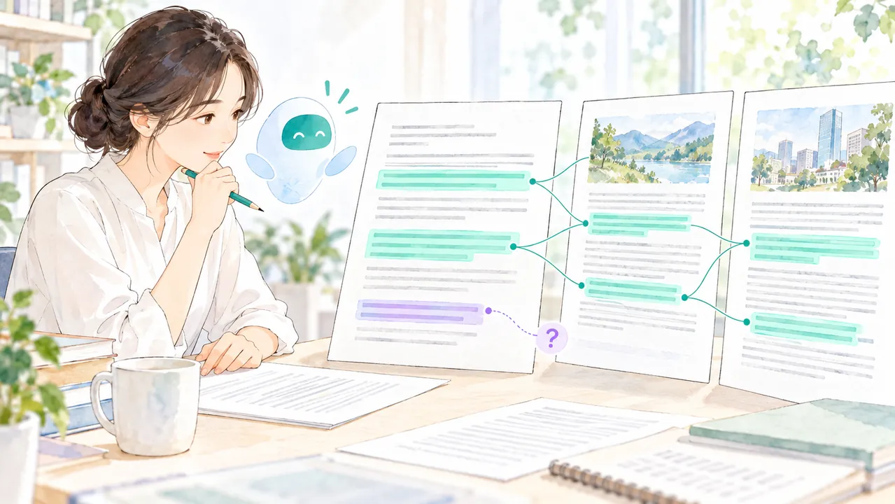 元記事と再利用する文章の重要な箇所を見比べる編集担当者とAIのイラスト