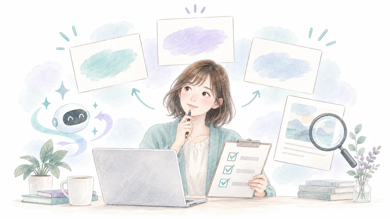 担当者がAIで考えたキャッチコピー案を事実の確認表と比較するイラスト