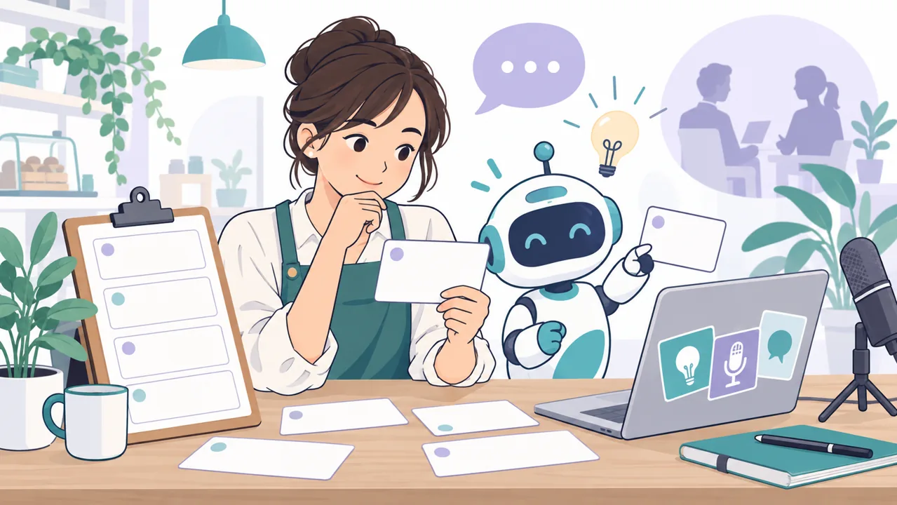 事業紹介の取材に向けてAIの質問案と資料を確認する担当者のイラスト
