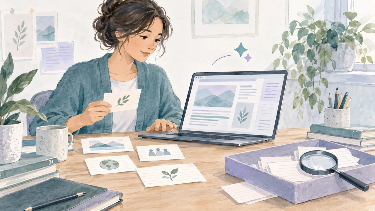 担当者がメモをWeb原稿へ整理し、未確定のカードを別の確認トレーに分けるイラスト