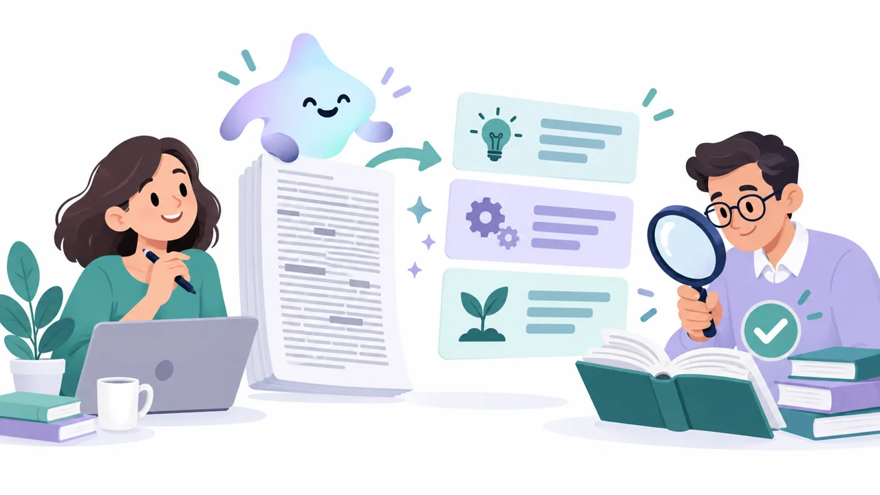 AIで整理した説明案を担当者が資料と照合するイラスト