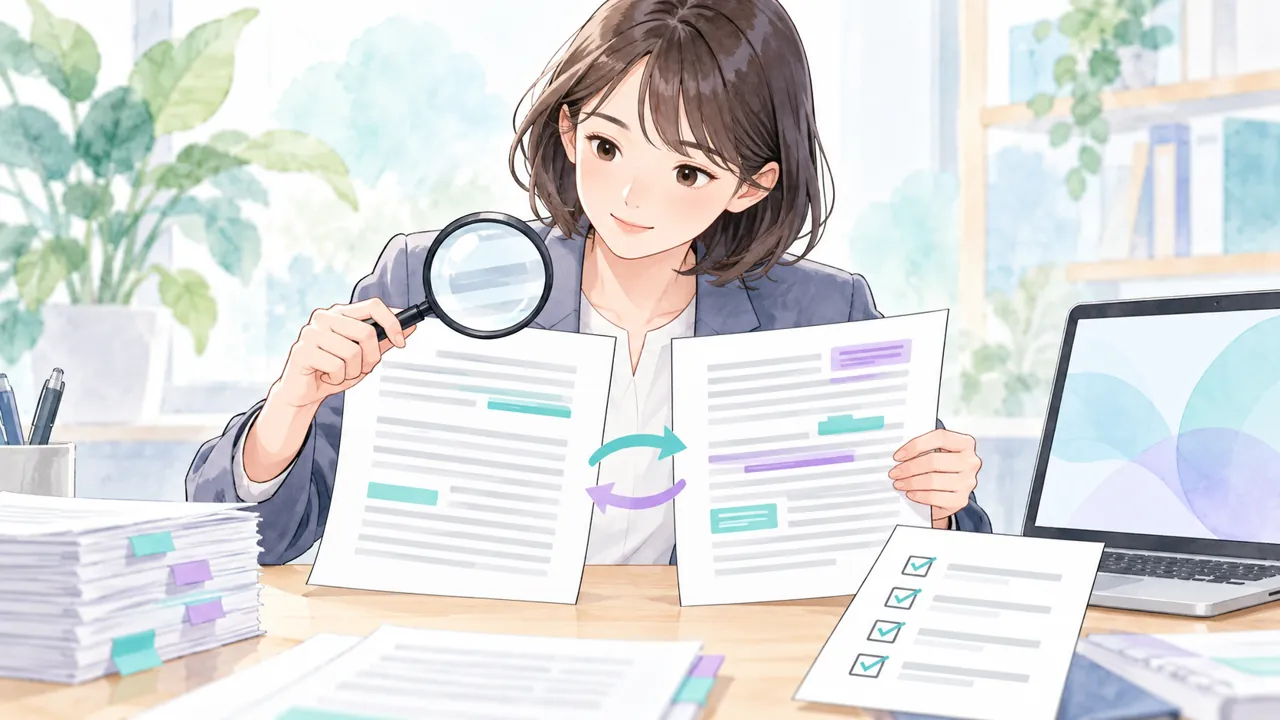 担当者が二つの資料の記載を見比べ、採用する資料をチェック表で確認するイラスト