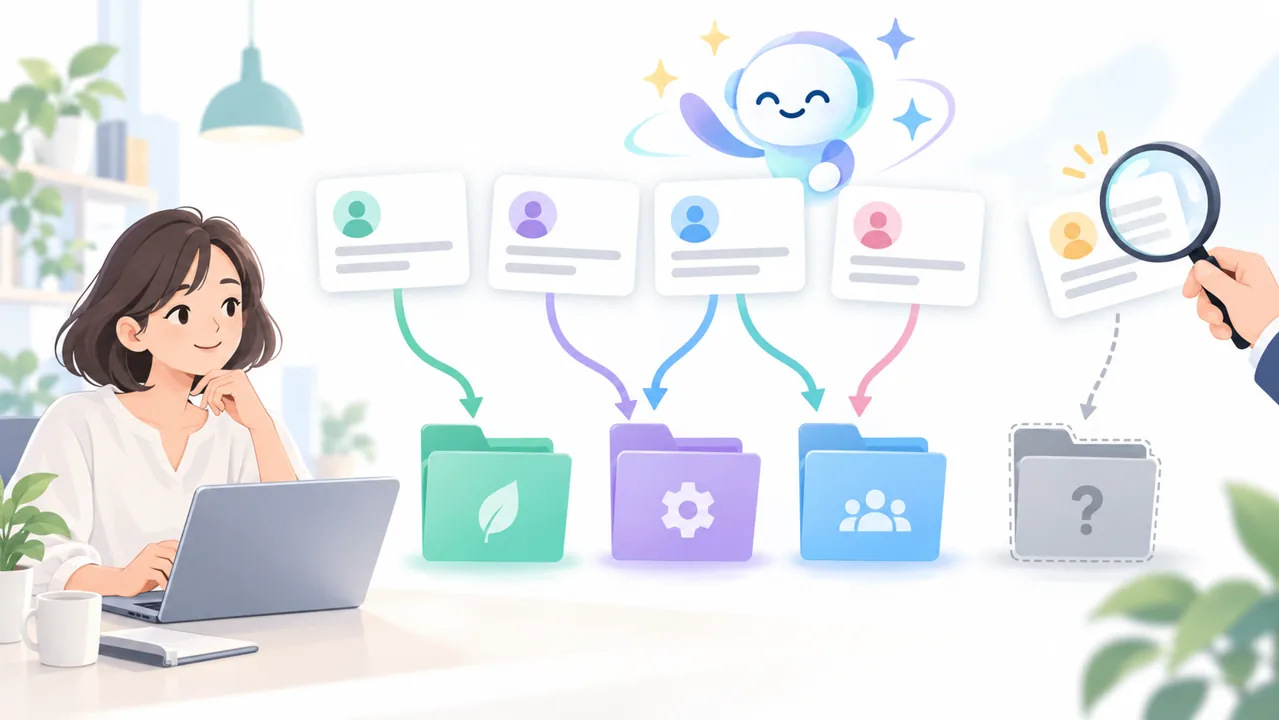 匿名のコメントカードをAIの補助で分類し、人が原文を確認するイラスト