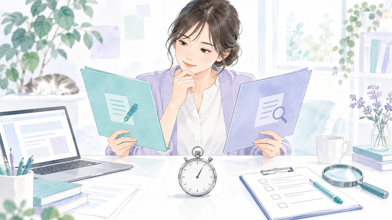 担当者が二つの原稿フォルダーを見比べ、時計とチェック表で作業を確認するイラスト