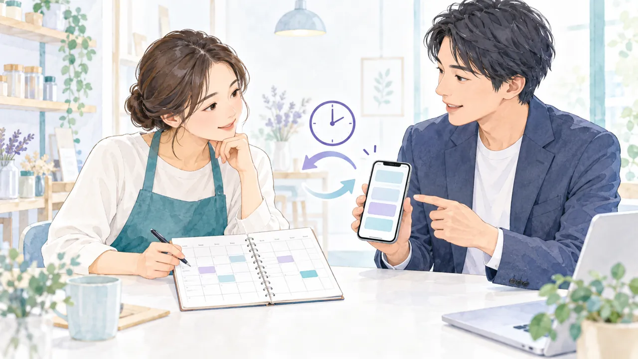 予約カレンダーとスマートフォンを見比べて受付方法を相談する二人のイラスト