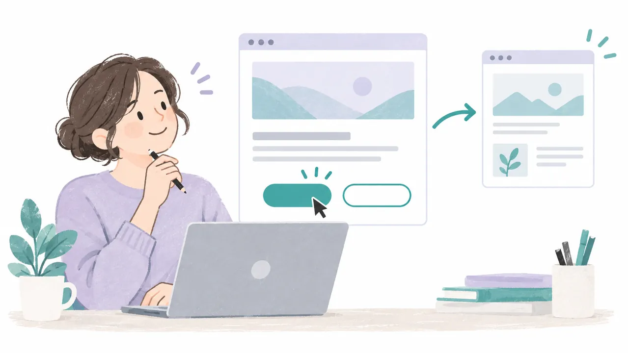 担当者がホームページのボタンとリンク先を見比べるイラスト
