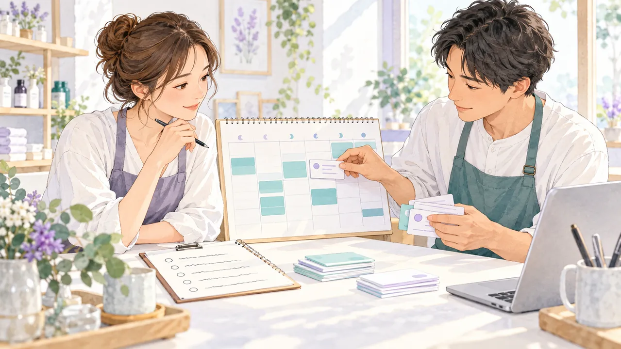 カレンダーの空き枠と作業カードを見比べて受付量を相談する二人のイラスト