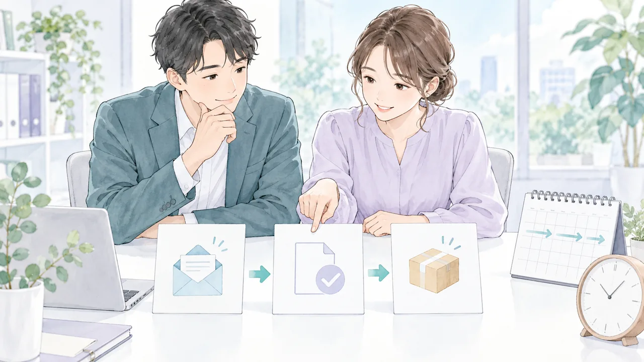 担当者が受付・資料確認・納品のカードとカレンダーを照合するイラスト