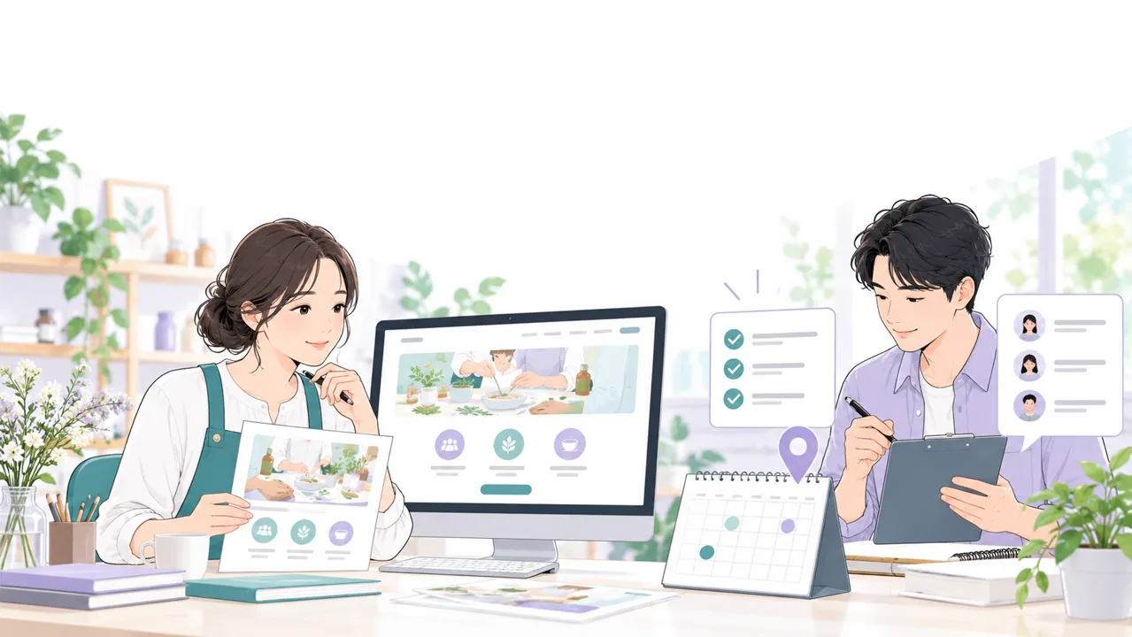 相談会の告知資料とカレンダーを見ながら準備内容を確認する事業者のイラスト