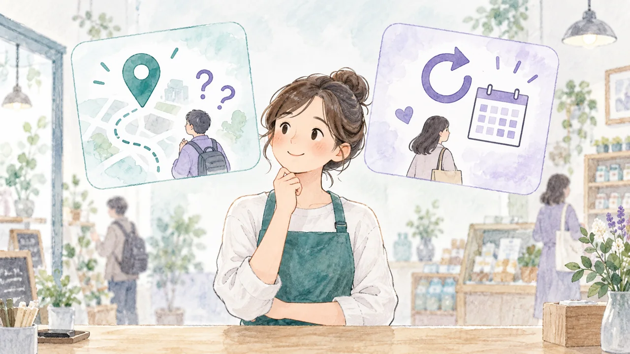 店舗担当者が初回来店の案内と再来店の案内を比較するイラスト