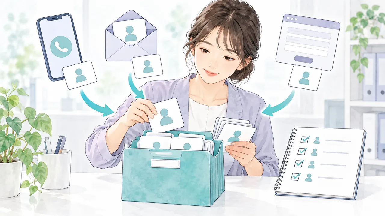 電話・メール・フォームからの連絡を記録して整理する担当者のイラスト