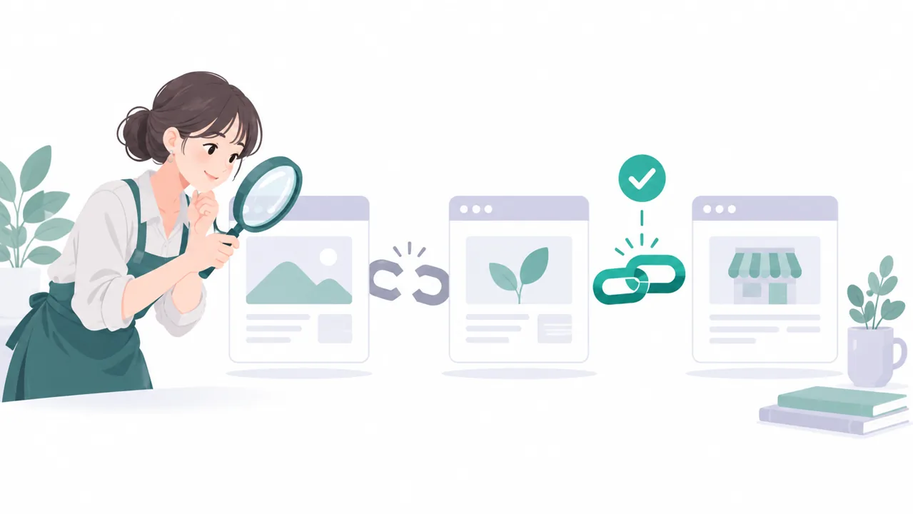 担当者がページ間のリンクを虫眼鏡で点検するイラスト