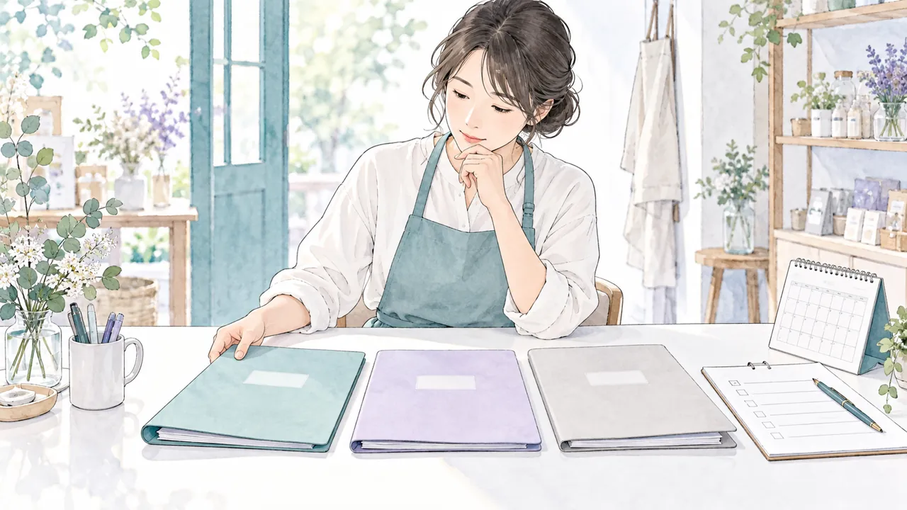 店舗担当者が三つの計画ファイルとカレンダー、記録表を見比べるイラスト