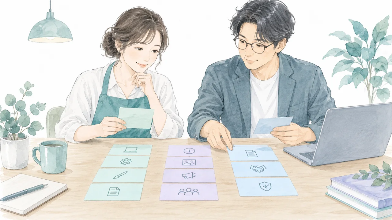 担当者と制作者が含む作業・追加作業・見積もり条件をカードで整理するイラスト