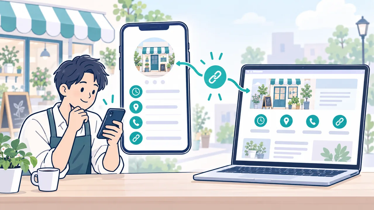 スマートフォンのプロフィールとホームページの情報を照合する担当者のイラスト