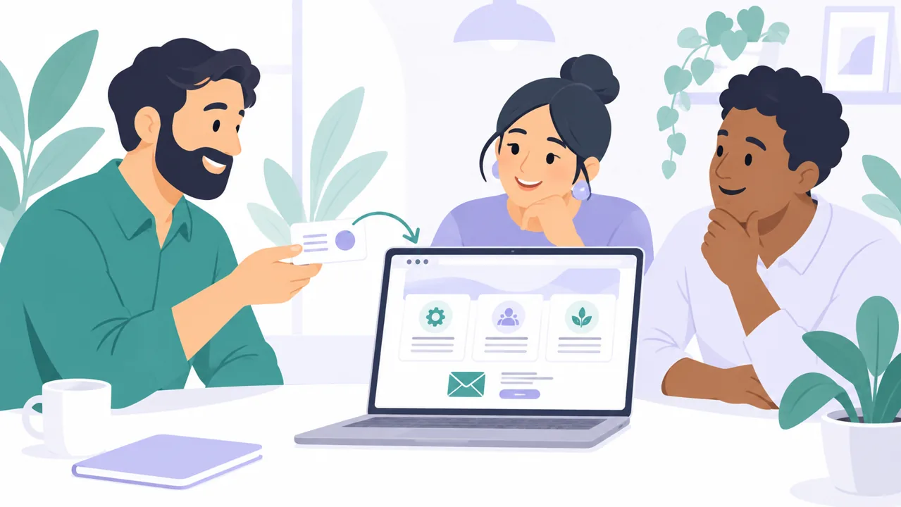 紹介者と相談を検討する人がホームページのサービス案内を見るイラスト