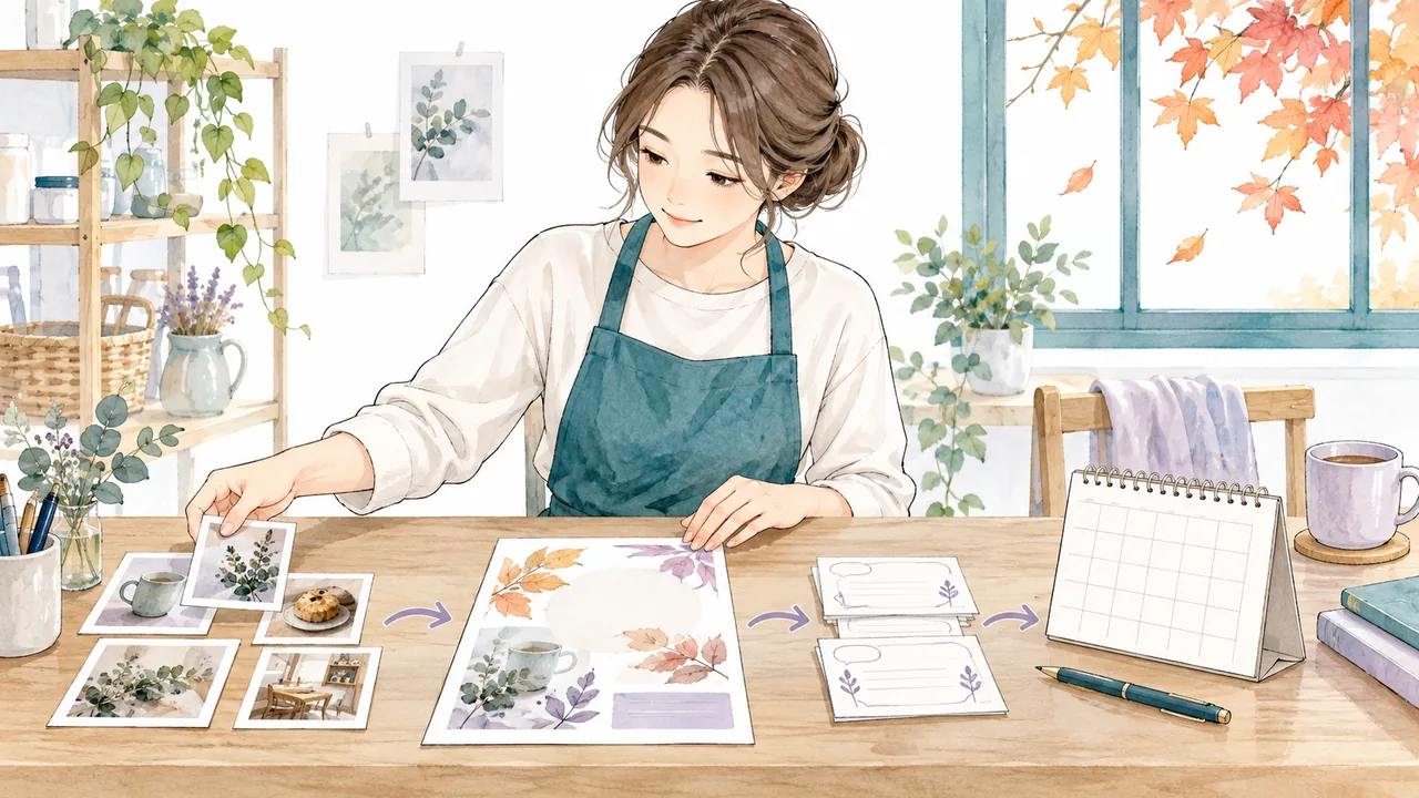 店舗担当者が写真、告知案、確認カード、カレンダーの順に準備を整理するイラスト