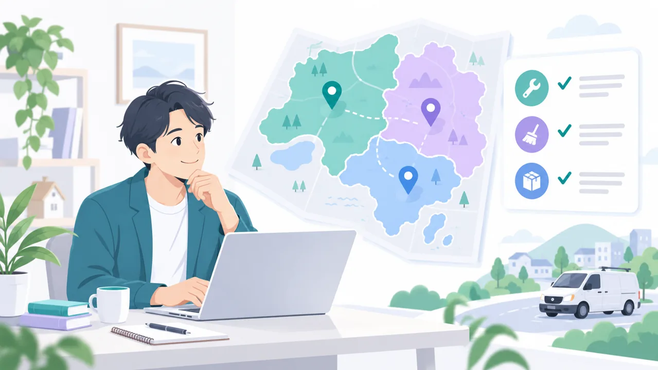 架空の地図とサービス一覧を見ながら訪問対応の範囲を整理する担当者のイラスト