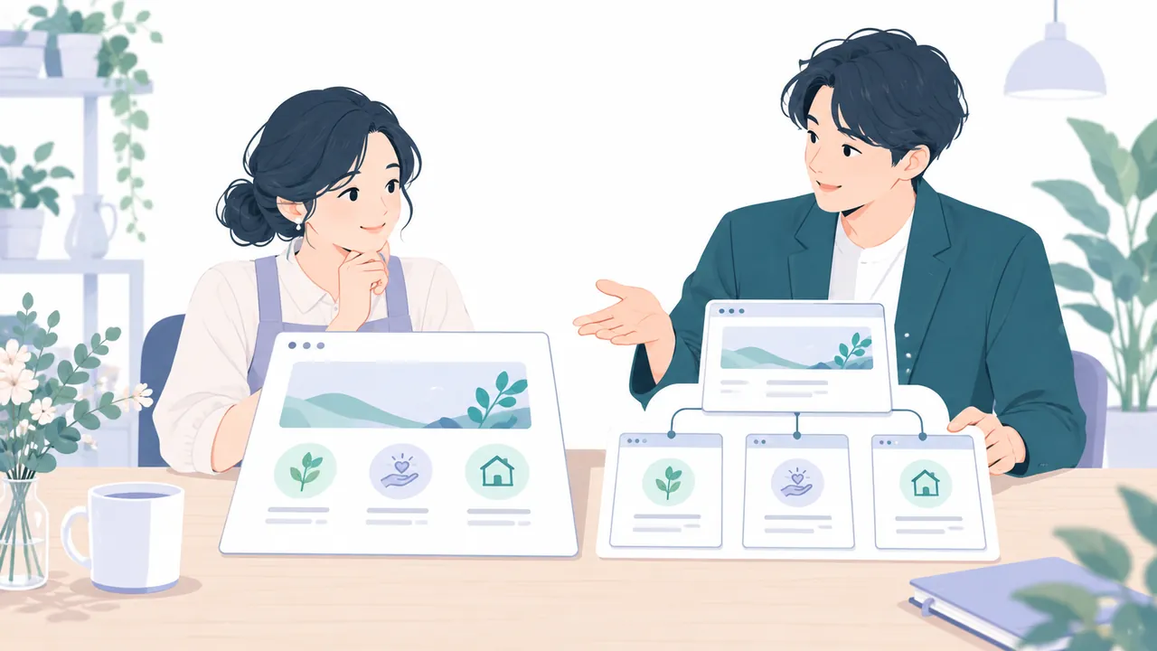 一つのサービス案内と複数の詳細ページの構成を見比べる事業者と制作担当者