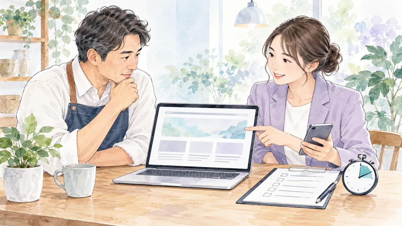 パソコンとスマートフォンの表示を確認しながら相談する二人のイラスト