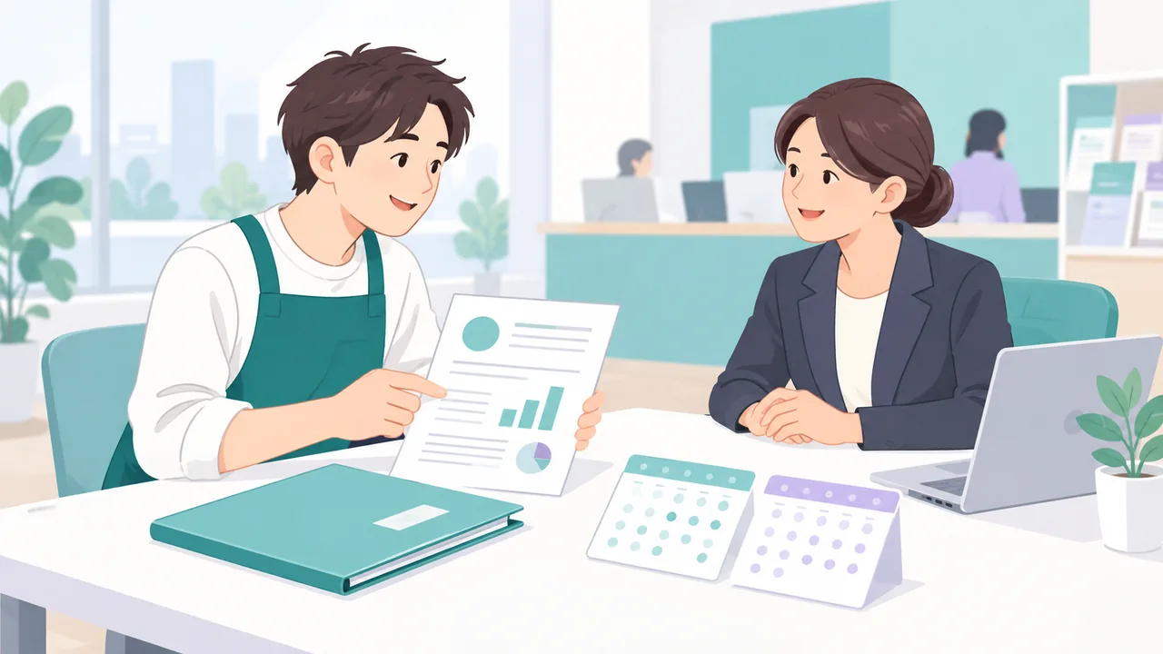 事業計画の資料と二つの日程を、相談担当者と確認する小規模事業者