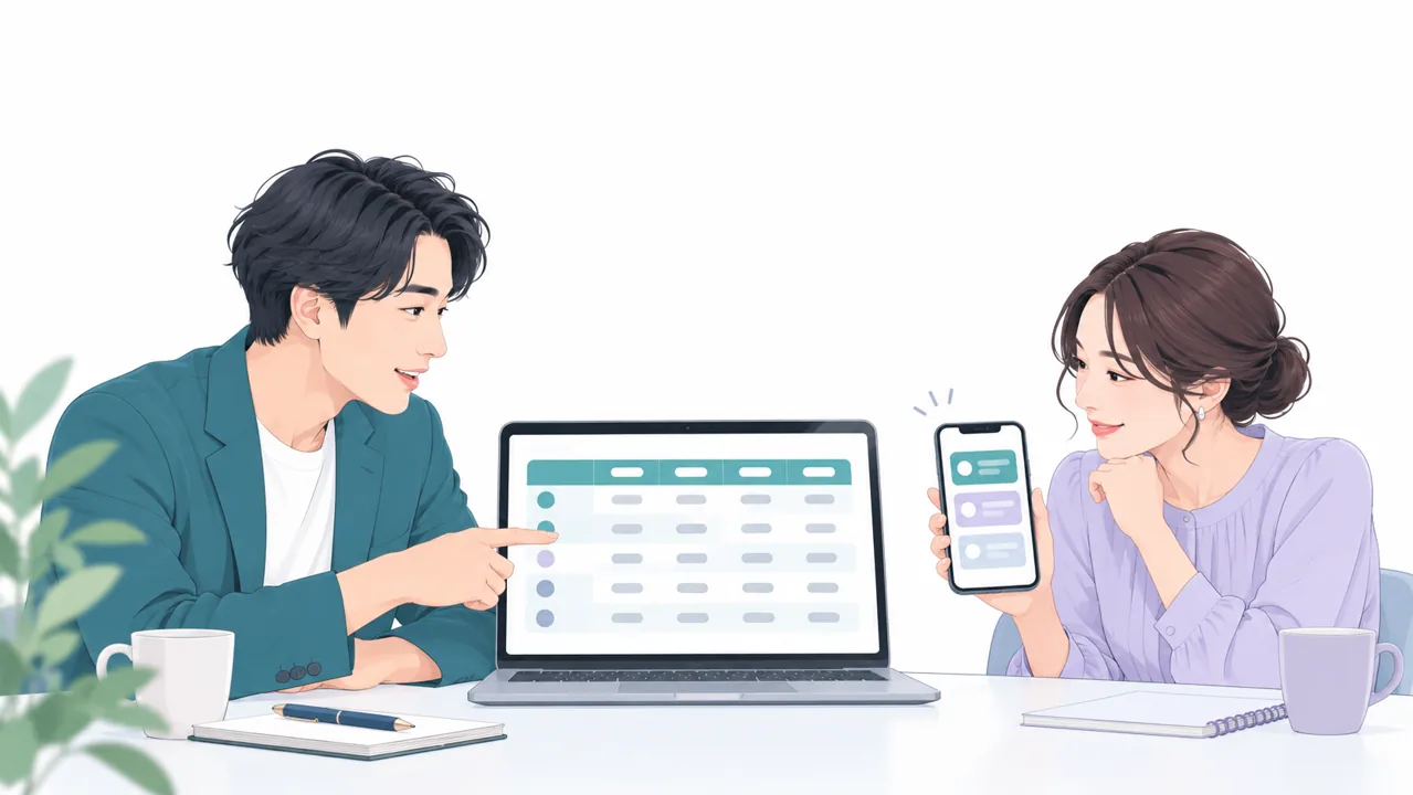パソコンの比較表とスマートフォンの表示を見比べる二人のイラスト