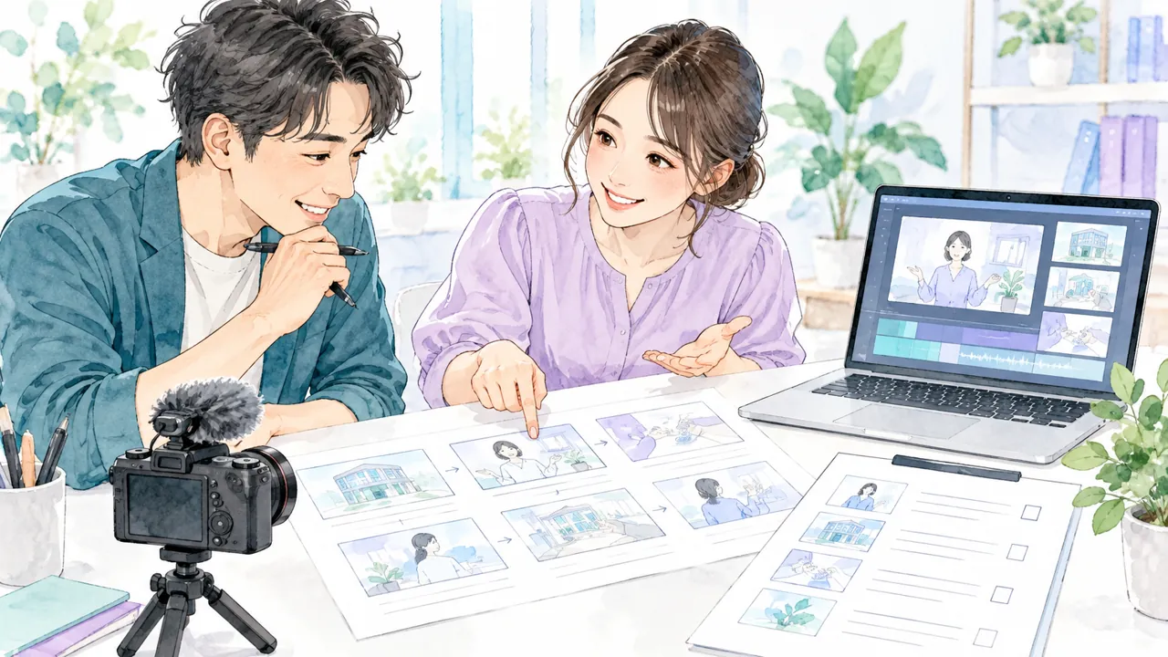 担当者がカメラ、絵コンテ、説明文のチェック表を用意して動画を計画するイラスト