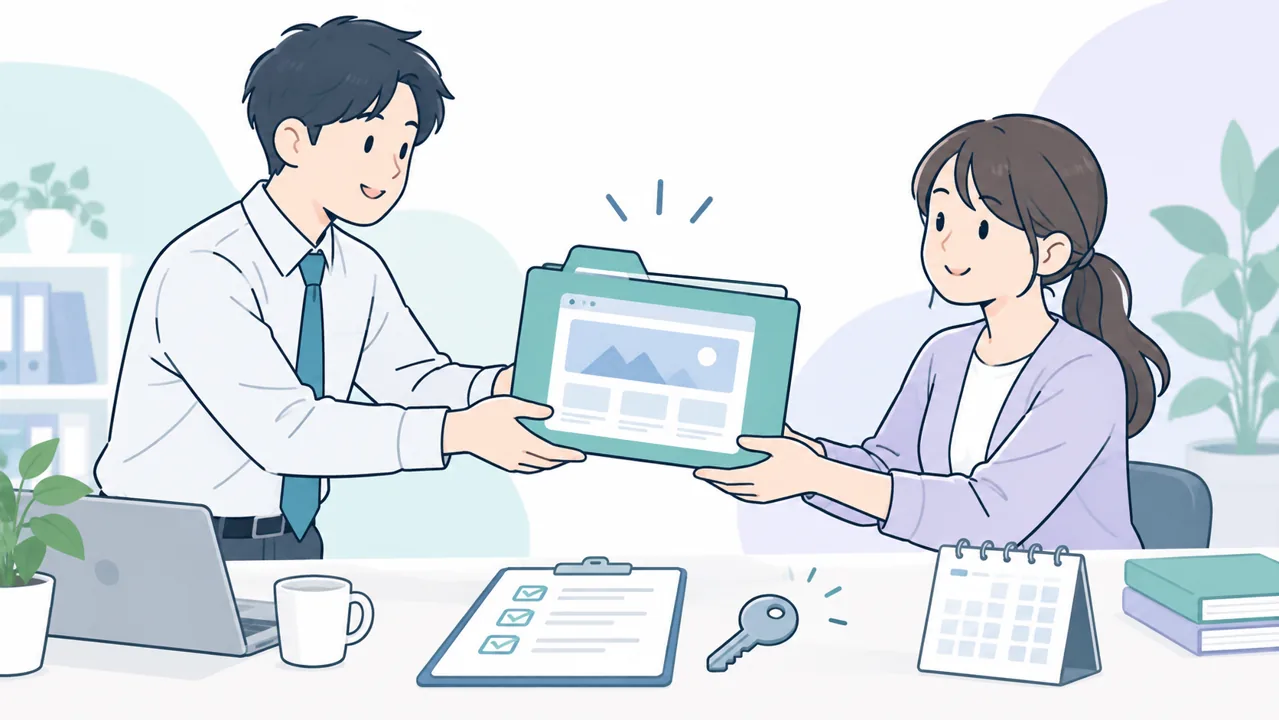 ホームページの管理資料を確認しながら引き継ぎをする担当者のイラスト